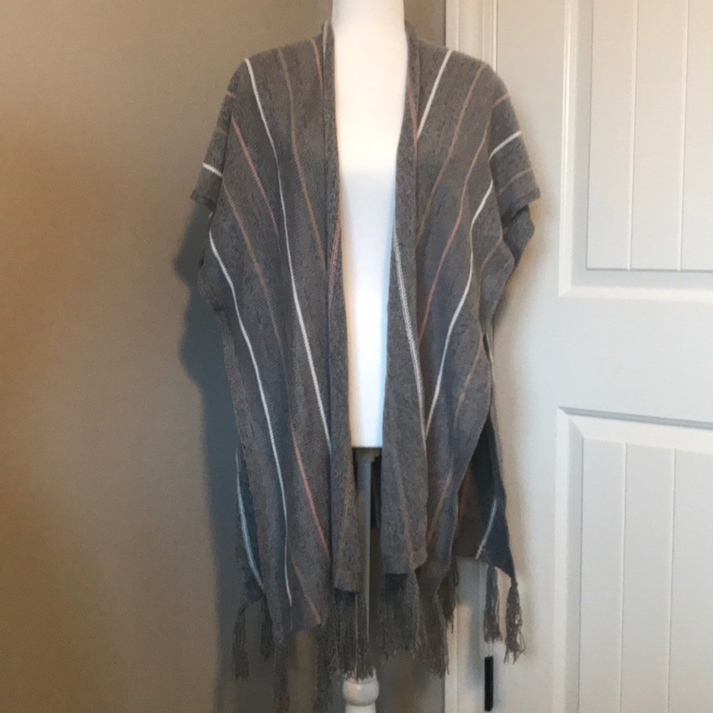 Francesca's Collections Gray Striped Fringe Poncho